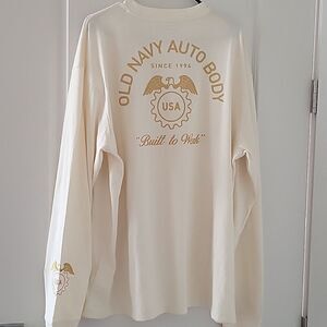 Old Navy Auto Body USA Cream Graphic T-Shirt Long Sleeves 100 Cotton XL TALL Nwt